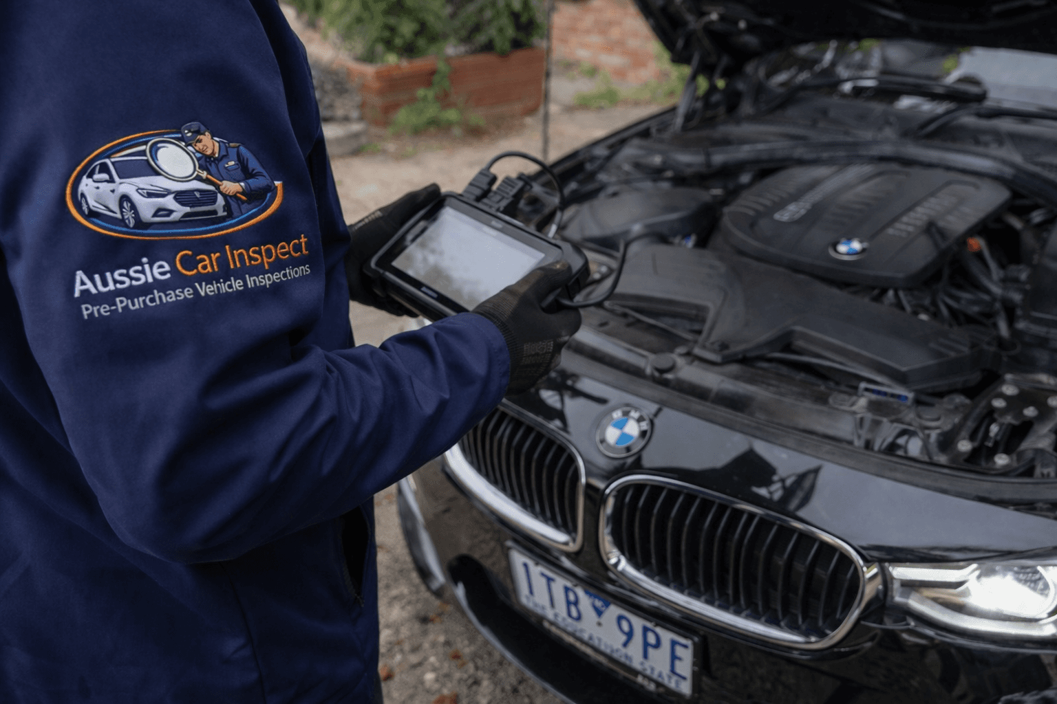 Qualified mechanic performing a pre-purchase car inspection
